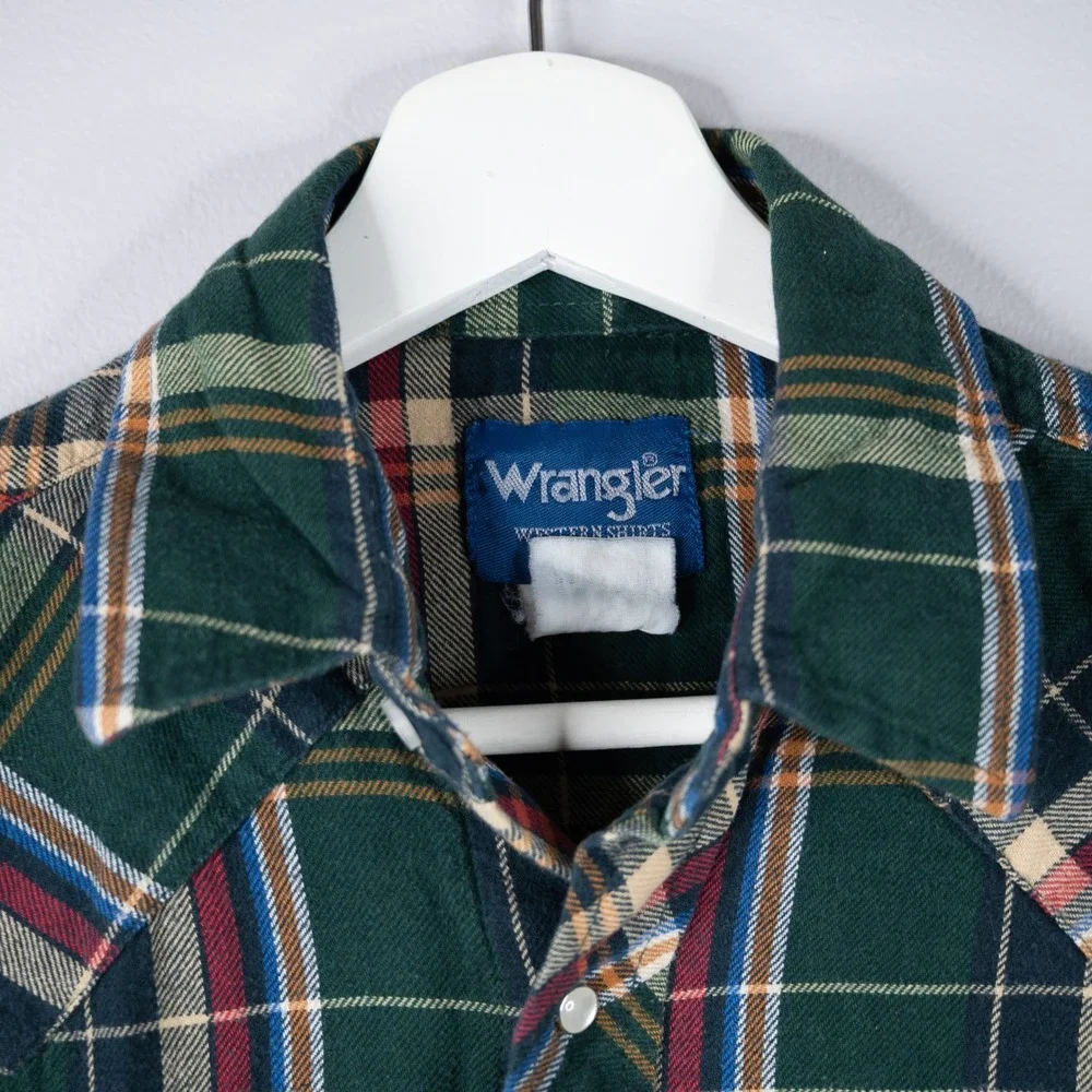 Vintage Wrangler Western Flannel Shirt Mens Medium Green Plaid‎ Pearl Snap Yoke